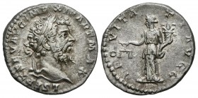 SEPTIMIUS SEVERUS. Denarius. 198-200 AD Rome. A \/ Laureate head to the right. L SEPT SEV AVG IMP XI PART MAX. R \/ Aequitas shelf on the left carryin...