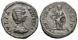 JULIA DOMNA. Denarius. (Ar. 3.35g \/ 19mm). 207-211 AD Rome. Anv: IVLIA AVGVSTA. Bust draped to the right of Julia Domna. Rev: FORTVNAE FELICI. Fortun...