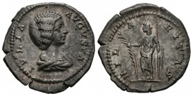 JULIA DOMNA. Denarius. (Ar. 3.23g \/ 20mm). 202 AD Rome. Anv: IVLIA AVGVSTA. Bust draped to the right of Julia Domna. Rev: HILARITAS. Hilaritas shelf ...