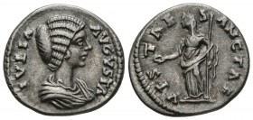 JULIA DOMNA. Denarius. (Ar. 3.30g \/ 19mm). 196-202 AD Rome. Anv: IVLIA AVGVSTA. Bust draped to the right of Julia Domna. Rev: VESTAE SANCTAE. She was...