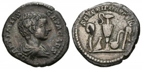 PUBLIUS SEPTIMIUS GETA. Denarius. (Ar. 2.93g \/ 18mm). 198-200 AD Rome. Ob: L SEPTIMIVS PUBLIUS SEPTIMIUS GETA CAES. Draped bust to the right of Geta....