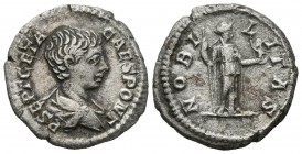 PUBLIUS SEPTIMIUS GETA. Denarius. (Ar. 3.09g \/ 18mm). 200-202 AD Rome. (RIC 13a). F\/ MBMC +.