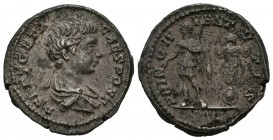 PUBLIUS SEPTIMIUS GETA. Denarius. (Ar. 3.16g \/ 19mm). 200-202 AD Rome. Anv: P SEPT PUBLIUS SEPTIMIUS GETA CAES PONT. Draped bust to the right of Geta...