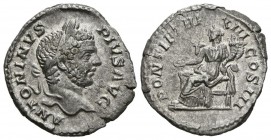 CARACALLA. Denarius. 210 AD Rome. A \/ Laureate bust on the right. ANTONINVS PIVS AVG. R \/ Concordia seated to the left carrying a patera and double ...