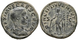 MAXIMUM. Sesterce. (Ae. 21.65g \/ 31mm). 236-238 AD Rome. Anv: MAXIMVS CAESAR GERM. Bust draped to the right of M\u00e1ximo. Rev: PRINCIPI IVVENTVTIS....