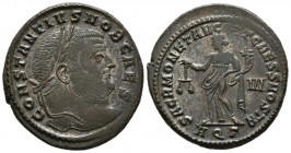 CONSTANTIUS I Follis. 302-303 AD Aquileia. A \/ Laureate head to the right. CONSTANTIVS NOB CAES. R \/ Moneta shelf to the left carrying scale and cor...