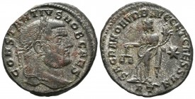 CONSTANTIUS I Follis. 302-303 AD Rome. A \/ Laureate head to the right. CONSTANTIVS NOB CAES. R \/ Moneta shelf on the left carrying scale and cornuco...