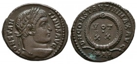 CONSTANTINE I. Follis. (Ae. 3.10g \/ 20mm). 322-323 AD Arles. Anv: CONSTANTINVS AVG. Laureate bust s right of Constantine I. Rev: DN CONSTANTINI MAX A...
