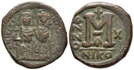 JUSTINO II and SOFIA. Follis. (Ae. 12.57g \/ 29mm). 568-569 AD (RY 4). Nicomedia. (DOC 94a; Seaby 369). VF.