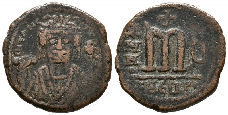 MAURICIO TIBERIUS. Follis. (Ae. 11.54g \/ 23mm). 589-590 AD (Year 8). Theoupolis...