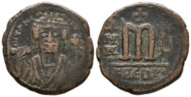 MAURICIO TIBERIUS. Follis. (Ae. 11.54g \/ 23mm). 589-590 AD (Year 8). Theoupolis (Antioch). (Sear 532). VG.