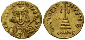 TIBERIUS III. Solid. (Au. 4.36g \/ 20mm). 698-705 AD Constantinople. Anv: D TIBERIVS PE AV. Crowned, draped bust and front cuirass carrying spear and ...
