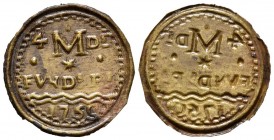 BARCELONA, Santa Mar\u00eda del Mar. Pellofa. (La. 0.39g \/ 20mm). 1750. (Cru.L. 1227). Value of 4Ds. VF. Repatinada.