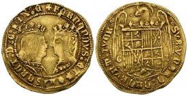 CATHOLIC KINGS (1474-1504). Double Excellent. (Au. 7.00g \/ 28mm). S \/ D. Pomegranate. (Cal-2019-706). Shield between G and cruciferous globe. VF.