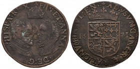 FELIPE II (1556-1598). Jet\u00f3n. (Ae. 4.71g \/ 29mm). 1571. Counting fee for the court of accounts. Victory against the Turks. (Dugniolle 2540). VG\...