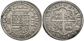FELIPE II (1556-1598). 8 Royals. (Ar. 27.30g \/ 41mm). 1590\/2. Segovia. (Cal-2019-711 var). Mint with three arches and two floors with the head of Ex...