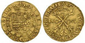 ALBERTO and ISABEL (1598-1621). Double Albert\u00edn. (Au. 5.11g \/ 27mm). 1602. Antwerp. (Vicenti 444). XF. Beautiful and rare specimen.