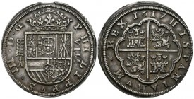 FELIPE III (1598-1621). 8 Royals. (Ar. 27.57g \/ 41mm). 1617. Segovia A. (Cal-2019-948). AU. Nice little specimen as well.