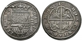 FELIPE IV (1621-1665). 8 Royals. (Ar. 27.44g \/ 41mm). 1630. Segovia P. (Cal-2019-1588). XF. Broken die on the obverse.
