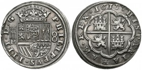 FELIPE IV (1621-1665). 8 Royals. (Ar. 26.06g \/ 40mm). 1635. Segovia R. (Cal-2019-1608). The V in HISPANIARVM is an A. XF. Leaf jumped on the obverse....