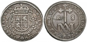 CHARLES II (1665-1700). 8 Royals. (Ar. 21.55g \/ 37mm). 1687. Segovia BR. (Cal-2019-774). Maria type. VF. Stripe on the obverse. Beautiful patina. Ver...