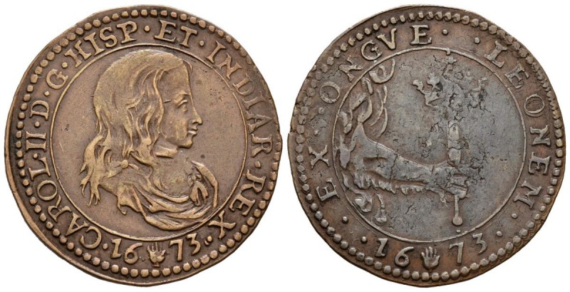 CHARLES II (1665-1700). Jet\u00f3n. (Ae. 5.97g \/ 32mm). 1673. Antwerp. Declarat...