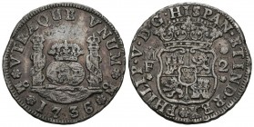 FELIPE V (1700-1746). 2 Real. (Ar. 6.48g \/ 26mm). 1736. Mexico MF. (Cal-2019-814). 6 out of 5 on the date. VF\/ F. Nice patina.