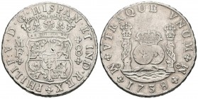 FELIPE V (1700-1746). 8 Royals. (Ar. 26.65g \/ 39mm). 1738. Mexico MF. (Cal-2019-1449). F. Cleaned.