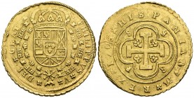 FELIPE V (1700-1746). 8 Shields. (Au. 26.89g \/ 37mm). 1705. Sevilla P. (Cal-2019-2273). Cross type. 8-8 \/ PS. VF. Rare.