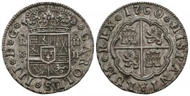 CHARLES III (1759-1788). 2 Real. (Ar. 5.86g \/ 26mm). 1760. Madrid JP. (Cal-2019-608). XF.