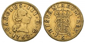 CHARLES III (1759-1788). 1\/2 Shield. (Au 1.73g \/ 15mm). 1762. Seville JV. (Cal-2019-1290). F. Limited.