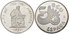 CONTEMPORARY. 5 Ecu. (Ar. 33.68g \/ 42mm). 1991. FNMT. Averroes. Die flower. 50,000 mints. Includes official box and certificate of authenticity.