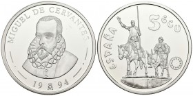 CONTEMPORARY. 5 Ecu. (Ar. 33.60g \/ 42mm). 1994. FNMT. Don Quixote and Sancho. Die flower. 75,000 mints. Includes official box and certificate of auth...