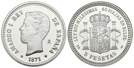 CONTEMPORARY. 5 Pesetas. (Ar. 6.78g \/ 24mm). 1871. Amadeo I. Current reproduction (90s) of the FNMT. Belonging to the History of the Peseta Collectio...