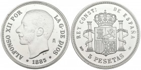 CONTEMPORARY. 5 Pesetas. (Ar. 44.12g \/ 45mm). 1885. Alfonso XII. Current reproduction (90s) of the FNMT. Belonging to the History of the Peseta Colle...