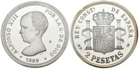 CONTEMPORARY. 2 Pesetas. (Ar. 27.11g \/ 40mm). 1889. Alfonso XIII. Current reproduction (90s) of the FNMT. Belonging to the History of the Peseta Coll...