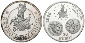 CONTEMPORARY The Euros of the Kingdom of Valencia. 30 euros. (Ar. 31.10g \/ 38mm). 1996. Proof. Silver of 999 thousandths. Includes box and certificat...