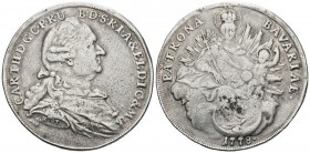 GERMAN STATES. Bavaria 1 Taler (Ar. 27.77g \/ 41mm). 1778. Carlos Teodoro. Munich. No mint mark. (Km # 563). VG. Possibly used as a jewel.
