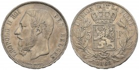 BELGIUM. 5 Francs. (Ar. 25.90g \/ 37mm). 1868. Leopold II. (Km # 24). VF.