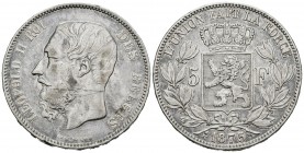 BELGIUM. 5 Francs (Ar. 24.78g \/ 37mm). 1875. (Km # 24). XF. Cleaned.