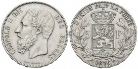 BELGIUM. 5 Francs. (Ar. 25.01g \/ 37mm). 1876. Leopold II. (Km # 24). AU.
