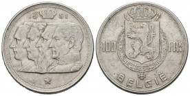 BELGIUM. 100 Francs (Ar. 18.12g \/ 33mm). 1951. Belgi\u00eb in Flemish (Km # 139.1). VF.