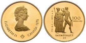 CANADA. 100 Dollars (Au. 16.85g \/ 25mm). 1976. Montreal Olympic Games. (Km # 116). Proof. Extraordinary conservation.
