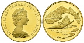 CANADA. 100 Dollars (Au. 16.90g \/ 27mm). 1980. Arctic Territories. Inuit in Kayak. (Km # 129). Proof. Extraordinary conservation.