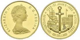 CANADA. 100 Dollars (Au. 16.93g \/ 27mm). 1983. 400th Anniversary of the founding of San Juan de Terranova. (Km # 139). Proof. Extraordinary conservat...