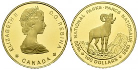 CANADA. 100 Dollars (Au. 16.99g \/ 27mm). 1985. National parks.Mouflon. (Km # 144). Proof. Extraordinary conservation.