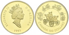 CANADA. 100 Dollars (Au-Ar. 13.45g \/ 27mm). 1993. First automobiles. (Km # 245). Proof. Includes certificate of authenticity and original box. Gold c...