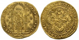 FRANCE, Charles V (1364-1380). Franc \u00e0 Pied. (Au. 3.84g \/ 29mm). Paris. Ob: KAROLVS DI GR FRANCORV REX. Carlos V front shelf inside holding swor...