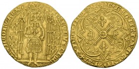 FRANCE, Charles V (1364-1380). Franc a Pied. (Au 3.74g \/ 27mm). Indeterminate mint. Anv: KAROLVS DI GR FRANCORVM REX. King standing crowned with swor...