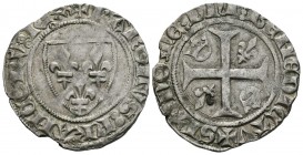 FRANCE, CHARLES VI (1380-1422). 1 Blanc Gu\u00e9nar (Ar. 3.04g \/ 25mm). S \/ D. Saint-Quentin. 6th Issue. Anv: KAROLVS FRANCORV REX. Coat of arms of ...